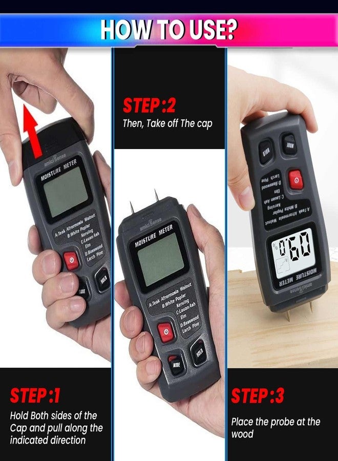 amiciSense Wood Moisture Meter Digital Humidity Tester for Wood, Cement Motor, Wall, Firewood, Paper, etc - Image 3